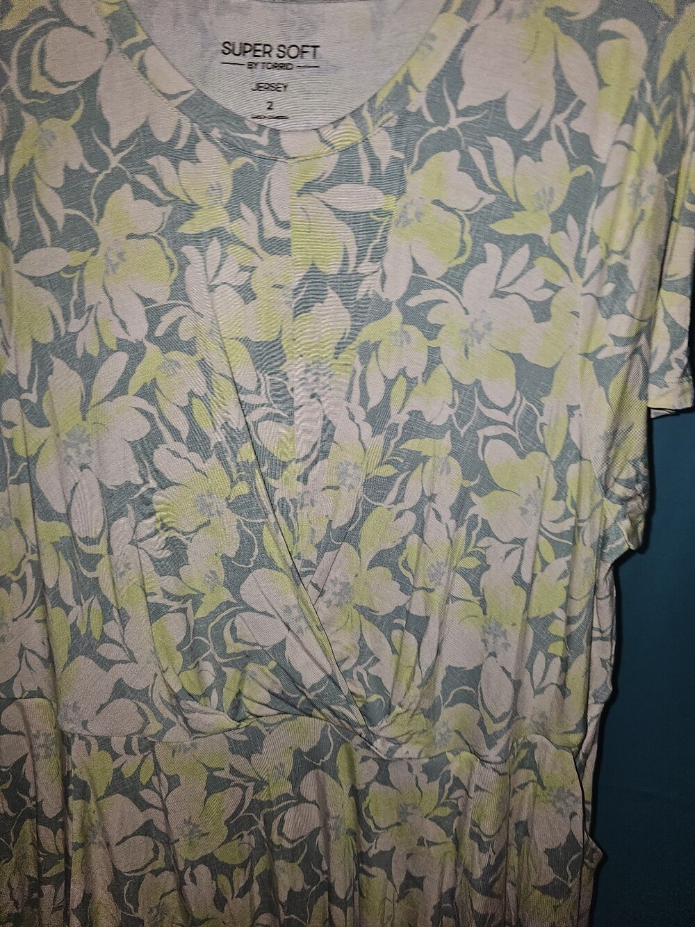 torrid Floral Wrap-Front Style Dress in Light Green, Pale Yellow & Cream